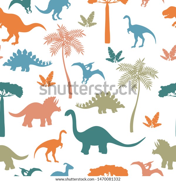 カラフルな恐竜シルエット ステゴサウルス トリケラトプス ティラノサウルス ブロントサウルス プテロダクチルなどのシームレスな模様 のベクター画像素材 ロイヤリティフリー
