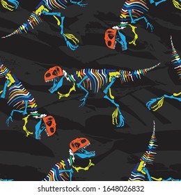 Seamless pattern of a colorful dinosaur skeleton and abstract background vector elements