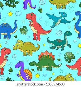Seamless pattern with colorful dinosaurs and leaves, animals on blue background