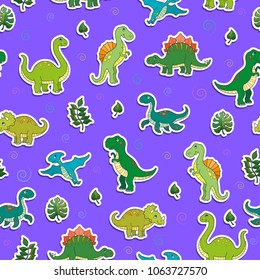 Seamless pattern with colorful dinosaurs and leaves, sticker icons on purple background