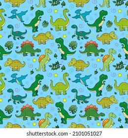 Seamless pattern with colorful dinosaurs and leaves, animals on a blue background