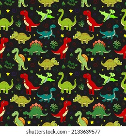 Seamless pattern with colorful dinosaurs and leaves, animals on a dark background