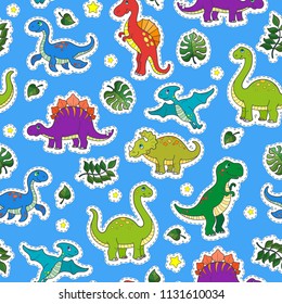 Seamless pattern with colorful dinosaurs and leaves,patch icons on blue background