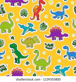 Seamless pattern with colorful dinosaurs and leaves,patch icons on yellow  background