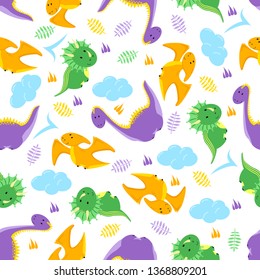 seamless pattern with colorful dinosaurs on a white background - vector illustration, eps