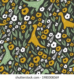 Seamless Pattern. Colorful Dinosaurs with Plants and Flowers for Design. Vector Illustrations
