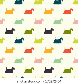 Seamless pattern with colorful dog silhouettes on polka dot background. Scottish terrier. Vector background.