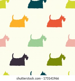 Seamless pattern with colorful dog silhouettes on polka dot background. Scottish terrier. Vector background.