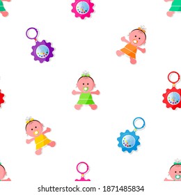 Seamless pattern with colorful doll and rattle on white background in flat design. Entertainment and toy for children.