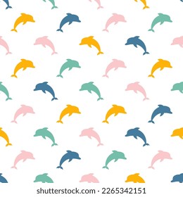 Seamless pattern with colorful dolphins