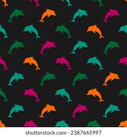 Seamless pattern with colorful dolphins and black background