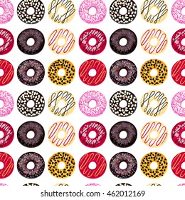 Seamless pattern of colorful donuts. Can be used in the package design, web design. Vector illustration.