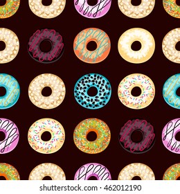Seamless pattern of colorful donuts. Can be used in the package design, web design. Vector illustration.