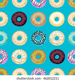 Seamless pattern of colorful donuts. Can be used in the package design, web design. Vector illustration.