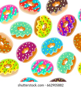 Seamless pattern with colorful donuts. Can be used for textile, website background, book cover, packaging.