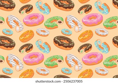 Seamless pattern with colorful donuts. Colored doughnuts assorted, american sweet food. Design for fabric print, bakery sticker cartoon vector dessert texture. Vector illustration.