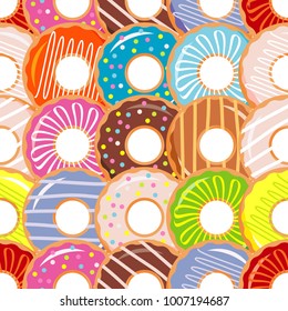 Seamless pattern with colorful donuts with glaze and sprinkles. Colorful collection of cartoon dessert. Textile rapport.