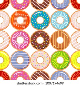 Seamless pattern with colorful donuts with glaze and sprinkles. Colorful collection of cartoon dessert. Textile rapport.