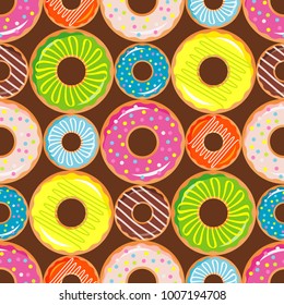 Seamless pattern with colorful donuts with glaze and sprinkles. Colorful collection of cartoon dessert. Textile rapport.
