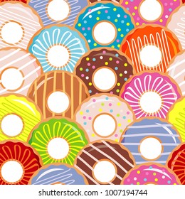 Seamless pattern with colorful donuts with glaze and sprinkles. Colorful collection of cartoon dessert. Textile rapport.