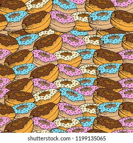 Seamless pattern with colorful donuts with glaze and sprinkles.Doughnuts collection of cartoon dessert. illustration for menu design, cafe decoration, delivery box.