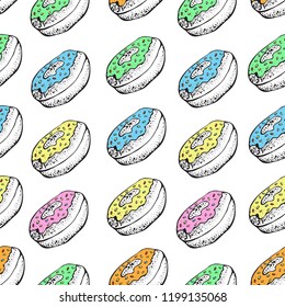 Seamless pattern with colorful donuts with glaze and sprinkles. Doughnuts collection of cartoon dessert isolated on white background. illustration for menu design, cafe decoration, delivery box.