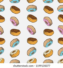 Seamless pattern with colorful donuts with glaze and sprinkles. Doughnuts collection of cartoon dessert isolated on white background. illustration for menu design, cafe decoration, delivery box.