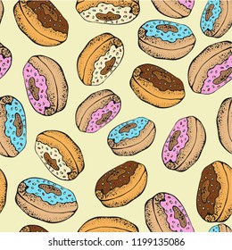 Seamless pattern with colorful donuts with glaze and sprinkles. Doughnuts collection of cartoon dessert on yellow background. illustration for menu design, cafe decoration, delivery box.