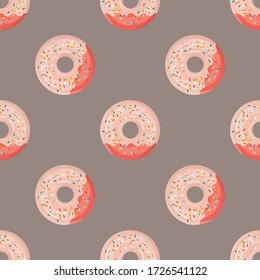Seamless pattern with colorful donuts in the glaze on a coffee background. View from above. For the design of recipes, menus, culinary blogs, the design of cafes, the delivery of boxes, stationery.