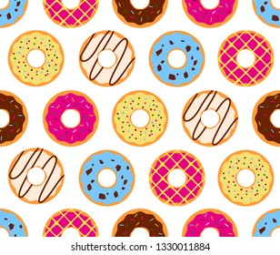 Seamless pattern of colorful donuts glazed sweet sugar icing background 
