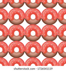 Seamless pattern with colorful donuts in icing on a white background. View from above. For the design of recipes, menus, culinary blogs, cafe design, delivery boxes, stationery.