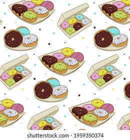 Seamless pattern of colorful donuts in icing, isolated on a white background. Vector illustration in cartoon flat style.