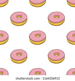 Seamless pattern with colorful donuts on white. Hand drawn. Vector illustration.