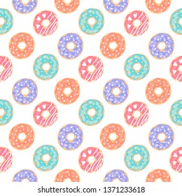 Seamless pattern with colorful donuts on a white background. Excellent print for packaging, wrapping paper, children's clothes, bed linens, etc.
