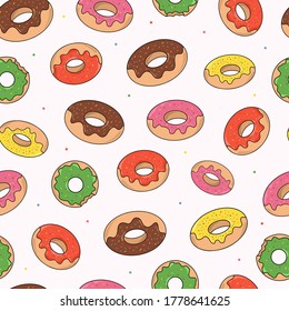 Nahtloses Muster mit bunten Donuts auf weißem Hintergrund. Gut geeignet für Stoffdrucke, Umhüllungspapier, Tapete, Scrapbooking, stationär usw. Lebensmittelhintergrund. EPS10