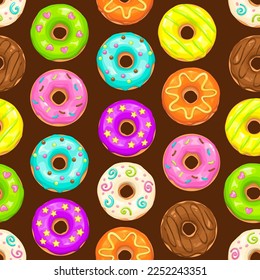 Seamless pattern with colorful donuts on dark background. Sweet texture tile for printing. Vector donut illustration in cartoon style.
