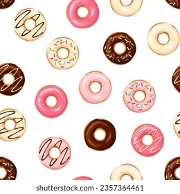 Seamless pattern with colorful donuts on a white background. Vector illustration