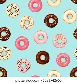 Seamless pattern with colorful donuts on a blue background. Vector food print. Hand-drawn illustration, not AI