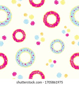 Seamless pattern colorful donuts shapes and dots repeat endless sweet food background cover texture for textile, clothing, curtains, wrapping paper, wallpapers, carpets, fashion fabric prints