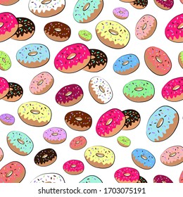 Seamless pattern with colorful donuts. Sketch illustration with donuts on a white background. Vector.