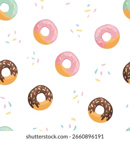 Seamless pattern with colorful donuts and sprinkles