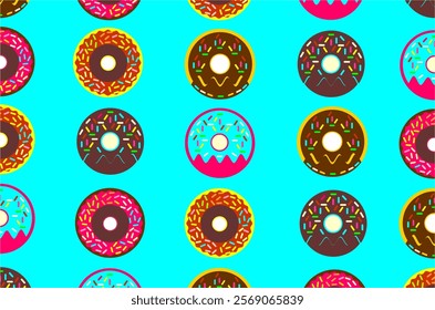 Seamless pattern of colorful donuts. Sweet donuts  pattern background. Colorful dessert background with donuts. Donut icons illustration. Bakery theme doughnut pattern.