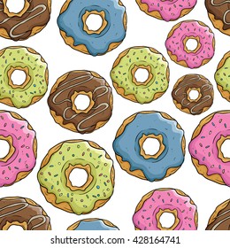 Seamless Pattern of Colorful Donuts Using Outline on White Background