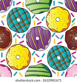 Seamless pattern with colorful donuts. Vector illustration. 