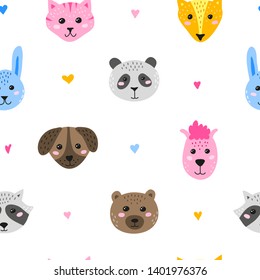 Seamless pattern with colorful doodle animal faces and hearts.