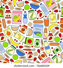 Seamless pattern with colorful doodle baby foods.