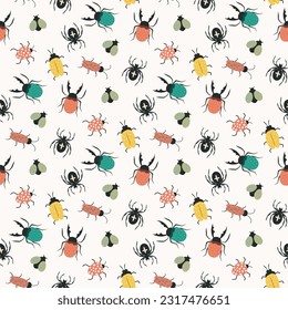 seamless pattern with colorful doodle beetles and spiders