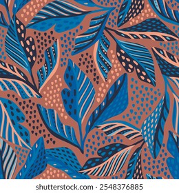 Seamless pattern, Colorful doodle botanical pattern Vector print with hand drawn simple plant elements, abstract leaves, endless, all over print to use textile, fabric, wallpaper, clothing, fashion