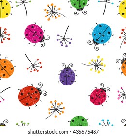 Seamless pattern with colorful doodle bugs. Vector background with cute ladybugs. 