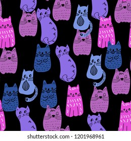 Seamless pattern. Colorful doodle cats group. Different species of cats, Vector Illustration